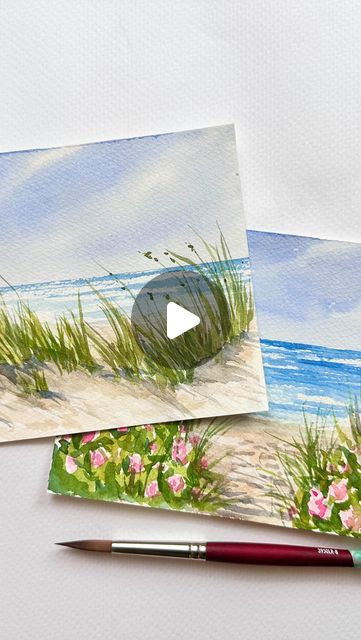 Watercolor Beach Tutorial, Beach Watercolor Paintings, Watercolor Art Beach, Watercolor Beach Painting, Beach Roses, Watercolor Beach, Spring Watercolor, Watercolor Birthday Cards, Watercolor Birthday