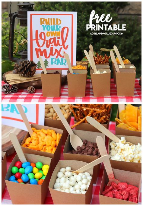 Build your own trail mix bar - A girl and a glue gun Build Your Own Snack Bar, Themed Snacks For Adults, Fall Trail Mix Bar, Make Your Own Trail Mix Bar, Appreciation Snack Cart, Build Your Own Trail Mix Bar, Build Your Own Food Bar Ideas, Trail Mix Bar Make Your Own, Trail Mix Bar Wedding