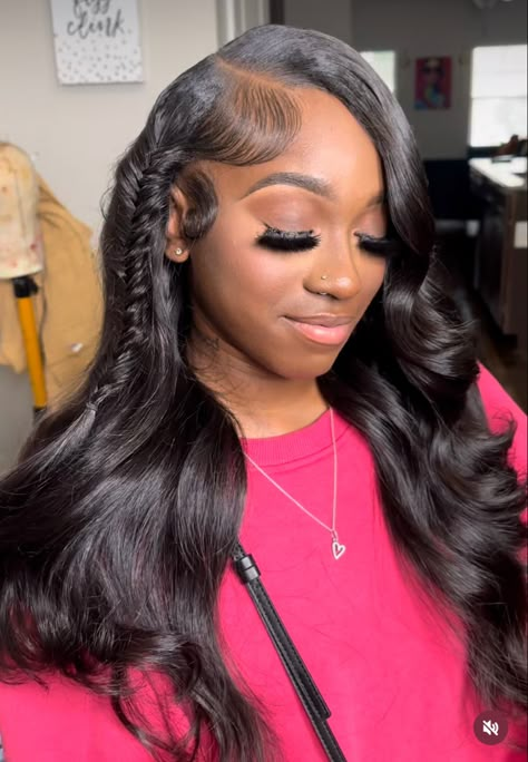 Side Part Quick Weave With Braid, See In Leave Out Styles, Side Part Sew In With Braid, Leave Out Side Part Hairstyle, Sew In With Braids On The Side, Leave Outs Hairstyles, Side Part Quick Weave With Leave Out Straight, Side Part Quick Weave With Leave Out With Curls, Side Part Leave Out Quick Weave