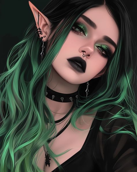 Half Green Hair, Green Egirl, Ginger Goth, Girl Prof, Green Goth, Black And Green Hair, Elven Woman, Witch Hair, Gothic Photography