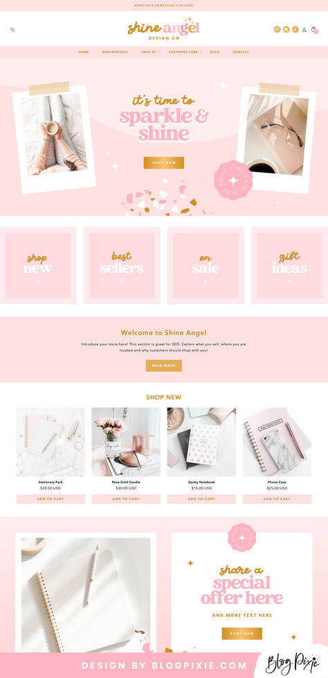 Pink gold Shopify theme template with pretty store banners and theme file for Shopify 2.0 Canva Page Design, Cute Shopify Website, Boutique Website Design Inspiration, Shopify Website Design Templates, Girly Website Design, Pink Website Design, Shopify Website Design Inspiration, Website Design Aesthetic, Boutique Website Design