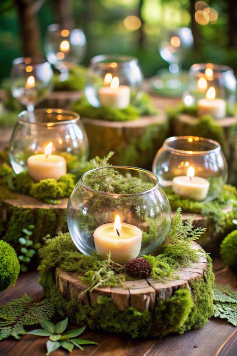 Woodsy Centerpieces Wedding, Woodland Centerpiece Ideas, Woodsy Centerpieces, Woodsy Wedding Decorations, Fairy Wedding Ideas, Fire And Ice Theme, Woodland Fairy Wedding, Woodland Centerpiece, Enchanted Forest Decorations