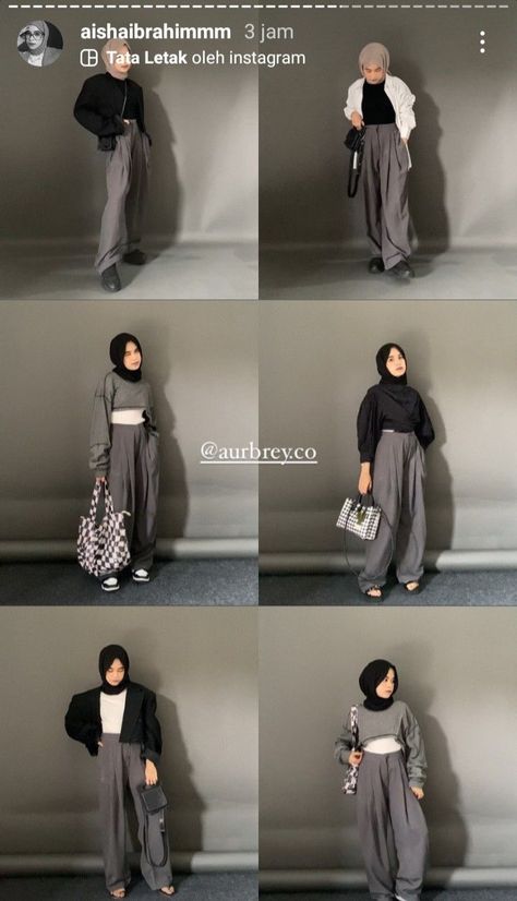 Grey Hijab Outfit, Outfit Kulot, Black Outfit Hijab, Ootd Kulot, Grey Hijab, Outfit Ideas Hijab, Grey Pants Outfit, Outfit Ngampus, Outfit Hijab Casual