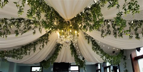 CEILING DRAPING WITH GREENERY AND CHANDELIER Wedding Decor Ceiling Draping, Greenery Ceiling Decor, Ceiling Decor For Wedding Reception, Ceiling Decoration For Wedding, Wedding Decorations Ceiling, Quince Ceiling Decorations, Wedding Drapes Ceiling, Drape Ceiling, Draping Ceiling