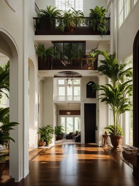 Modern West Indies Decor, Modern West Indies, West Indies Interior Design, Hallway Plants, West Indies Interior, Types Of Houses Styles, West Indies Home, Interior Hallway, Neoclassical House