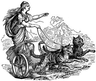 A Norse legend, tells that Freya, the goddess of love and fertility, rode in a chariot pulled by two black cats. The latter were actually her swift horses that had been possessed by the devil. The cats served Freya well for seven years, and at the end of this time were rewarded by being turned into witches – disguised as cats! Freya Back Tattoo, Freyja Norse Goddess, Goddess Freya, Freya Goddess, Baba Jaga, Norse Goddess, Norse Myth, Norwegian Forest, Old Norse