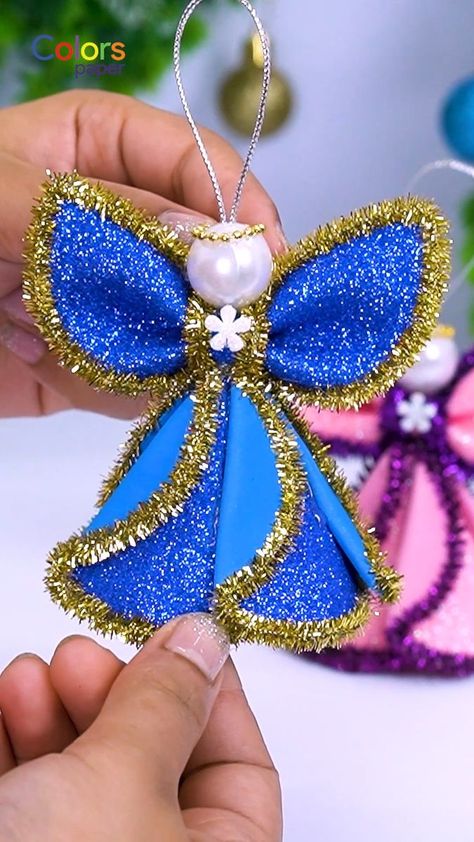 Glitter Foam Christmas Ornaments, Diy Christmas Angels, Christmas Angels Diy, Angel Ornaments Diy, Diy Christmas Angel Ornaments, Angels Ornaments, Angel Diy, Christmas Diy Crafts, Christmas Shorts