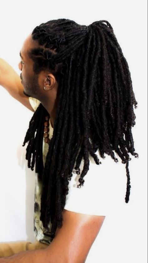 Locs Hairstyles Long Men, Locs In A Ponytail Men, Long Dreads Ponytail Men, Black Man Dreads Aesthetic, Loc Hairstyles Men Long, Styled Locs Men, Dreads In A Ponytail Men, Black Hairstyles Men Long, Black Male Hairstyles Long