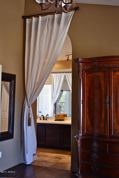 Arched Doorway Curtain, Curtains Over Arched Doorway, Curtains For Arched Doorway, Curtains On Doorways, Curtain Bathroom Door, Curtain Door Ideas, Doorway Curtain Ideas, Old Werewolf, Arched Barn Door