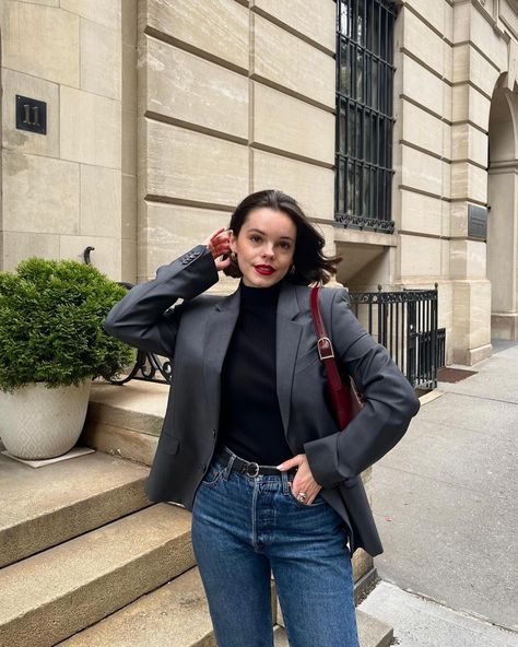 so upper east side of me outfit details : blazer thrifted @alexandermcqueen jeans @levis loafers @minelliofficiel sweater @zara glasses @madewell bag @sandroparis — linked in my story #springoutfitideas #springoutfitinspo #springoutfits #timelessstyle #blazeroutfits #springfashiontrends Red lips, red lipstick , thrifted blazer, Levi’s jeans, loafers, burgundy bag, burgundy fashion trend, Alexander McQueen, sandro paris Outfits With Red Lipstick Casual, Sweater And Blazer Outfit, Burgundy Bag Outfit, Burgundy Blazer Outfit, Red Lipstick Outfit, Summer Blazer Outfits, Red Blazer Outfit, Madewell Bag, Burgundy Bag