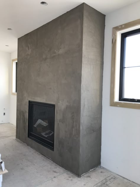 DIY Faux Concrete Fireplace - Joinery & Design Co Concrete Mantle Fireplace, Painted Faux Fireplace, Concrete Fireplace Diy, Concrete Look Fireplace, Drywall Fireplace, Faux Concrete Fireplace, Fireplace Faux, Industrial Fireplace, Concrete Fireplace Surround