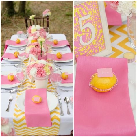 Pink Lemonade Tablescape Pink And Yellow Table Setting, Pink And Yellow Table Decor, Yellow Table Setting, Lemon Tablescape, Lemonade Wedding, Diy Wedding Magazine, Wedding Planner Business, Yellow Table, Pink Backdrop