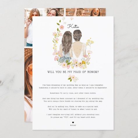 Will you be my Bridesmaid/Maid of Honor Proposal I Invitation Wedding Bridesmaid Proposal, Flower Girl Wedding, Maid Of Honor Proposal, Watercolor Girl, Be My Bridesmaid Cards, Photo Wedding Invitations, Bridal Party Proposal, Floral Photo, Bridesmaid Cards