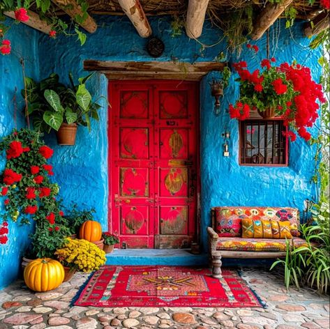 Mono Azul Bright House Decor, Patio Mexicano, Bright House, Mexican Home, Bohemian Lifestyle, Garden Cafe, Mexican Decor, Red Door, Outdoor Patio Decor