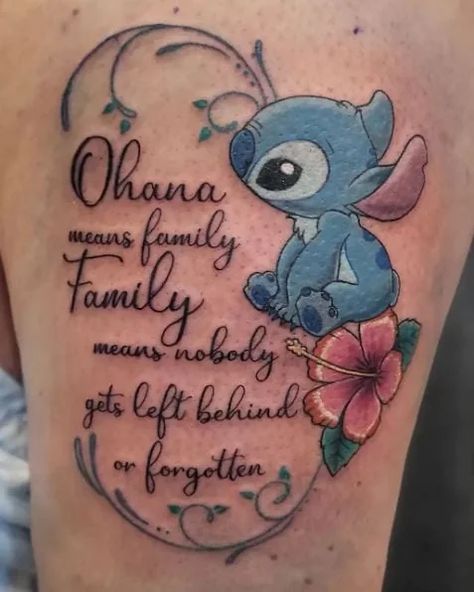 65+ Ohana Tattoo Ideas For A Warm, Welcoming Feeling Cute Tattoos To Get With Your Sister, Tattoo Ideas Stitch Disney Characters, Stitch Ohana Means Family Tattoo, Stitch Ohana Tattoo Ideas, Stitch Tatoos Ideas, Stitch Tattoo Ideas Ohana, Arm Tattoos For Women With Color, Stitch Tattoos For Women, Tattoos Ideas Flower