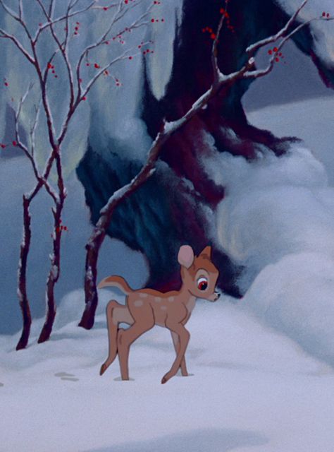 Bambi Bambi Winter Wallpaper, Disney In Winter, Bambi Wallpapers, Bambi Snow, Bambi Aesthetic, Bambi 1942, Disney Winter, Winter Cartoon, Bambi Disney