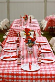 I'm not a big fan of the red but I like the setup. I would do pink and white check instead, though. Barbeque Wedding, Backyard Bbq Wedding, Backyard Bridal Showers, Outdoor Bridal Showers, 50th Birthday Party Decorations, Picnic Theme, Wedding Themes Summer, Backyard Picnic, I Do Bbq