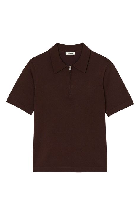 Sleek and smart, this basic-black polo sports a shallow zippered placket and a vibe that works layered or on its own. Quarter-zip closure Point collar Short sleeves 82% acetate, 16% nylon, 2% elastane Dry clean or hand wash, dry flat Imported Polo Zipper, Polo Tshirts, Polo Shirt Outfits, Knitted Polo Shirt, Man Outfit, Zip Polo, Knitted Polo, Zip Collar, Faded Jeans