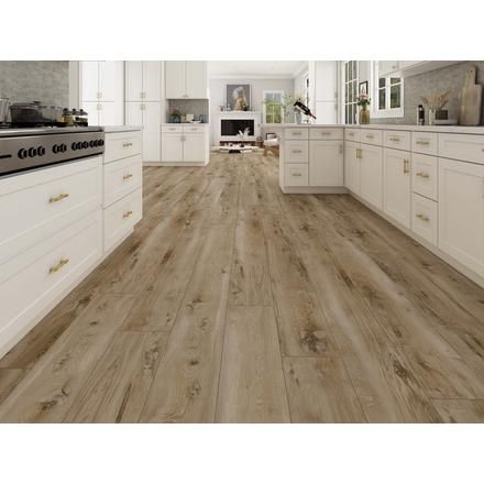 Nucore Vinyl Plank Flooring Deerfield Hickory, Menards Vinyl Plank Flooring, White Kitchen With Vinyl Plank Flooring, Light Color Vinyl Plank Flooring, Vinyl Wood Flooring Kitchen, Light Plank Flooring, Affordable Lvp Flooring, Light Brown Vinyl Flooring, Neutral Lvp Flooring Colors