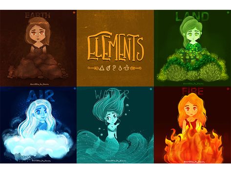 Elements Characters by blessy paulraj Four Elements Character Design, Earth Character Design, Children's Book Layout, 4 Elements, 4 Element, Character Types, Dream Catcher Craft, Spirit Animal Art, Earth Elements