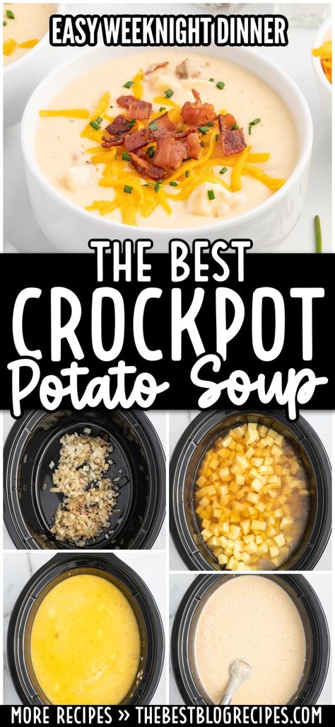 Crockpot potato soup is easy to make, rich, and perfect for cozy meals. Enjoy its hearty, cheesy flavor any time. Crockpot Ocharleys Potato Soup, Crockpot Meals With Red Potatoes, Crockpot Potatoe Soup Using Frozen Potatoes, Yummy Crockpot Soups, Crock Pot Soup Potato, Big Batch Potato Soup, Potatoe Soup Recipe Best Crock Pot, Simple Cheesy Potato Soup, Easy Simple Potato Soup