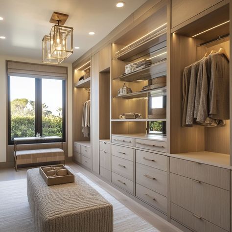 Beautiful Dressing Rooms, Transitional Closet Design, Master Closet Island With Bench, Closet With Vaulted Ceiling, Women’s Walk In Closet Organization, Jack And Jill Closet Ideas, Master Closet Vanity, Closet Room Luxury, Dressing Area In Bedroom