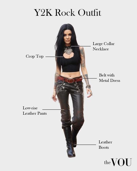 The Y2K Rock fashion outfits include leather jackets, band graphic tees, ripped jeans, darker-colored fishnet stockings, silver spiked bracelets, studded belts, and combat boots. Famous figures who embodied this style include Avril Lavigne and Amy Lee from Evanescence, who captured the fusion of Y2K aesthetics with rock elements in their class. Evanescence Outfits, Rock Fashion Style Women, Punk Rock Outfits For Women, Metal Outfits Women, 80s Rock Outfit, Rocker Girl Outfits, Gothic Outfits For Women, Women Hacks, Studded Belts