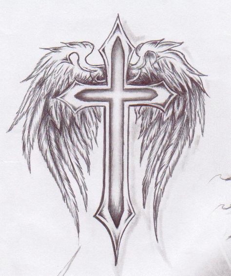 Cross with angel Wings                                                                                                                                                     More Cross With Angel Wings Tattoo, Wings Tattoo On Back, Cross With Angel Wings, Angel Wings Tattoo On Back, Cross With Wings Tattoo, Wing Tattoos On Back, Alas Tattoo, Wing Tattoo Men, Wings Sketch