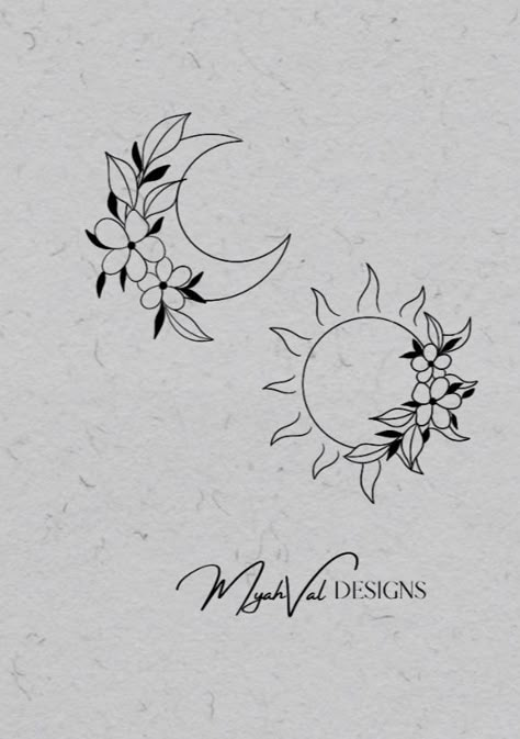 Moon And Sun Tattoo With Flowers, Sun And Moon Tattoo Mom And Daughter, Sun With Flowers Tattoo Simple, Pretty Sun And Moon Tattoos, Floral Sun And Moon Tattoo Matching, Night And Day Tattoos Ideas, Sunshine Flower Tattoo, Sunshine And Sunflower Tattoo, Sun And Moon Tattoo With Flowers