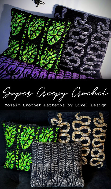 Creepy Patterns, Mosaic Crochet Patterns, Creepy Crochet, Overlay Mosaic Crochet, Crochet Pillow Cover, Mosaic Crochet, Crochet Blanket Designs, Halloween Crochet Patterns, Crochet Dragon