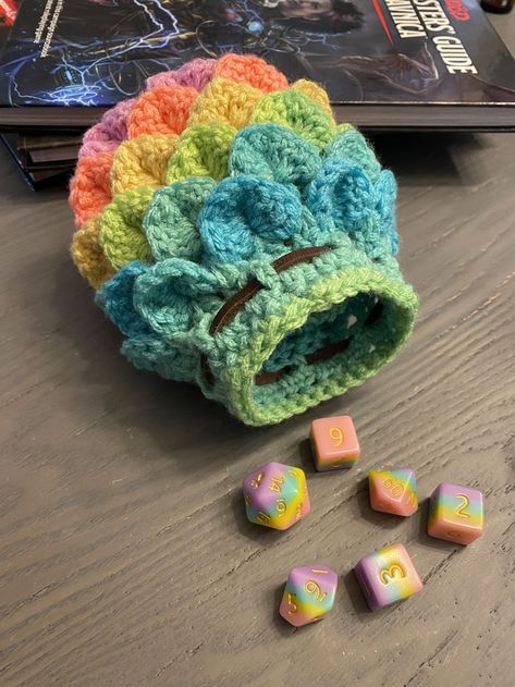 Rainbow Crocheted Dragon Egg Dice Bag Crocheted Dragon, Crochet Case, Crochet Geek, Crochet Dragon, Rainbow Crochet, Dragon Egg, Crochet Bookmarks, Dice Bag, Crochet Cross