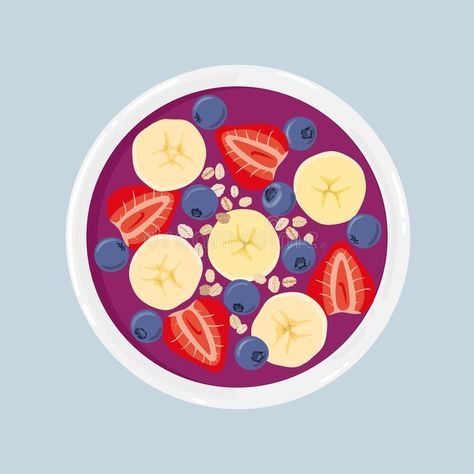 Acai Smoothie Bowl With Banana, Blueberries, Strawberries And Oats, Isolated. Top View. Vector Hand Drawn Illustration. Stock Vector - Illustration of healthy, acai: 132132457 Acai Bowl Painting, Acai Bowl Drawing, Smoothie Bowl Drawing, Acai Bowl Illustration, Cereal Bowl Illustration, Smoothie Illustration, Banana Picture, Food Illustration Design, Acai Smoothie Bowl