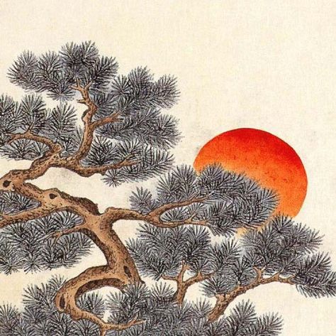 Minwha(Korean Folk art)-Pines and cranes by kimsingu on deviantART Korean Crane Art, Traditional Korean Ink Painting, Korean Tree Drawing, Korean Art Design, Japanese Pine Tree Art, Korean Folk Art Tattoo, Korean Folk Painting, Korea Art Draw, Minwha Korean