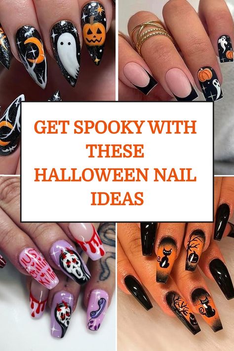 Classic Halloween Nail Art, Halloween Girlie Nails, Halloween Nails Trend 2024, 2024 Halloween Nail Trends, Fun Halloween Nail Art, Cute Horror Nails, Nail Design For Halloween, 2024 Halloween Nail Designs, October Nail Art Designs