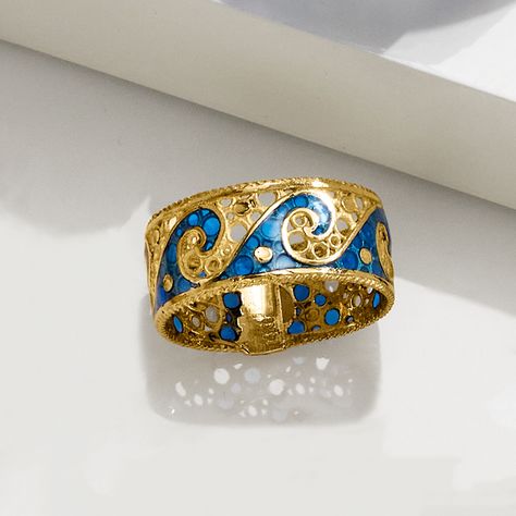 Ross-Simons - Italian 14kt Yellow Gold Wave Ring with Blue Enamel. Size 10. The ocean's beauty is illustrated in blue enamel on an openwork band of polished 14kt yellow gold. Made in Italy. 3/8" wide. 14kt yellow gold wave ring. Gold Colorful Jewelry, Vintage Enamel Wedding Ring, Gold And Blue Jewelry, Italian Rings, Ocean Rings, Blue Gold Jewelry, Pinky Promise Ring, Gold Enamel Jewelry, Ocean Ring