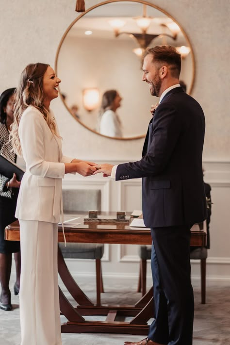 A White Mango Trouser Suit for a Laidback Legal Ceremony Wedding | Love My Dress, UK Wedding Blog, Podcast, Directory & Shop Civil Wedding Winter, Winter Civil Wedding Outfit, Civil Ceremony Outfit, Civil Wedding Outfit, Christmas Wedding Inspiration, White Wedding Suit, Mango Trousers, Moss Bros, Micro Weddings