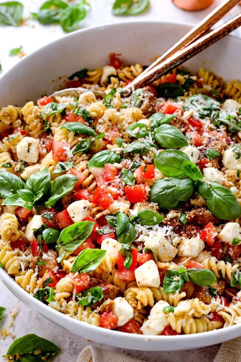 Cold Pasta Salad with Chicken - Carlsbad Cravings Bruschetta Chicken Salad, Tortellini Pasta Salad With Chicken, Italian Pasta Salad With Chicken, Balsamic Chicken Pasta Salad, Cold Pasta Dinner, Cold Pasta Salad With Chicken, Cold Chicken Pasta, Cold Chicken Pasta Salad, Pasta Salad With Chicken