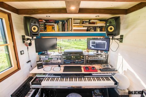 Tiny house hits the right note with built-in music studio Home Sound Studio Design, Tiny Home Studio Music, Tiny Recording Studio, Tiny Music Studio, At Home Recording Studio, Musicians House, Home Recording Studio Ideas, At Home Music Studio, Home Recording Studio Setup Ideas