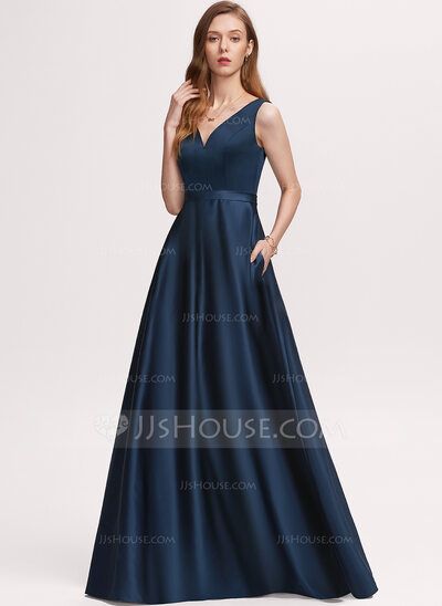 [US$ 56.00] A-Line V-neck Floor-Length Satin Bridesmaid Dress With Pockets (007234395) Blue A-line Satin Dress For Wedding, Blue Floor-length Satin Dress, Blue Satin V-neck Dress, Blue V-neck Dress With Satin Finish, Blue Satin Finish Floor-length Gown, Satin Prom Dresses, Classic Prom Dress, Satin Bridesmaid Dress, Wedding Dress With Pockets