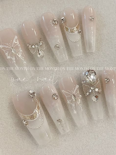 Nail Shape Chart( Thumb to little finger Length: mm) Product Detail: 1. Set Includes: 10 nails of your size 24 Jelly stickers 1 nail files 1 cuticle stick Glue 2. Size Refer (Nail Width: mm) XS( 14,10,11,10,8) S(15,11,12,11,9) M(16,12,13,12,10) L(17,13,14,13,11) Instruction 1. Buff your nails, keeping them clean and dry. 2. Choose the jelly sticker that fits your nail size. 3. Select nails and adhere them from bed to tip. Press for 10 seconds. 4. Avoid contact with water within 2 hours of application or blow dry nails immediately after for a longer hold. Product Note 1. All pictures are taken in real-life scenarios, and color variations may exist under different lighting conditions.2. This product is handmade, so it is expected to take 15-20 days to produce, please understand. How long wil White Detailed Nails, Angel Core Nails, White Fancy Nails, Butterfly Sticker Nails, Pretty White Nails, Nails Butterfly Design, Cute Nails White, White Butterfly Nails, Victorian Nails