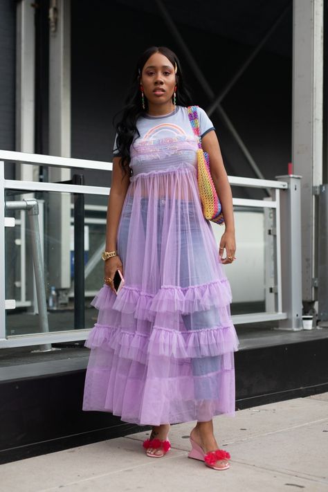 The best way to dress up a T-shirt and jeans? Throw a colorful, sheer dress over them. Dress With Jeans Underneath, Sheer Dresses Outfit, Dress With Jeans, Fancy Gown, Sheer Outfit, Dress Over Jeans, Dress Over Pants, Maxi Design, Gown Blue