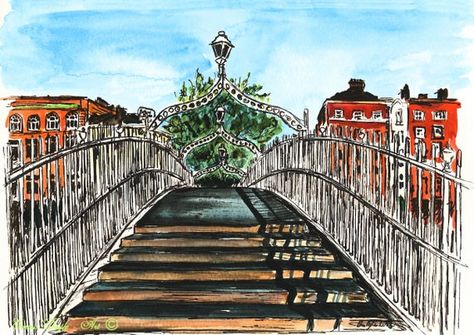 Dublin Bridge, Dublin Pubs, Watercolour And Pen, Dublin Travel, Pen Sketch, Irish Pub, Dublin Ireland, Frame Sizes, In America