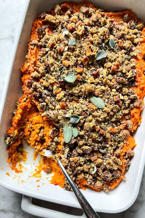 Sweet Potato Casserole with Savory Crumble | foodiecrush.com Savory Crumble, Savoury Crumble, Sweet Potato Side Dish, Sweet Potato Recipes Baked, Thanksgiving Side Dishes Easy, Sweet Potato Recipes Casserole, Foodie Crush, Holiday Dinners, Thanksgiving Sides