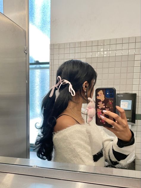 Sleek Pigtail Braids, Ribbon Pigtails Aesthetic, Pigtail Hairstyles With Ribbon, Two Ponytails With Ribbon, Black Pigtails Aesthetic, Pig Tails With Ribbon, Pigtail With Ribbon, Hair Inspo With Ribbon, Low Pigtails Aesthetic