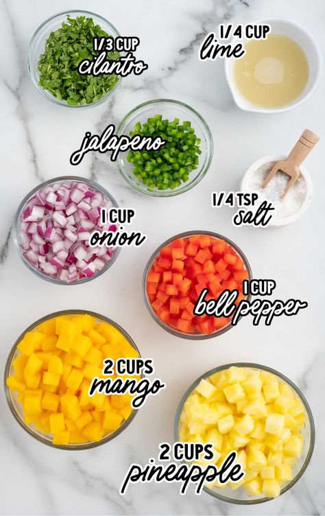 Pineapple Mango Salsa raw ingredients that are labeled Mango Pineapple Shrimp Salad, Mango Pineapple Salsa Recipe, Shrimp With Mango Salsa, Summertime Dinners, Plat Healthy, Pineapple Mango Salsa, Mango Pineapple Salsa, Fruity Cookies, Mango Salsa Recipe