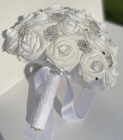 11" White Bride's Brooch Bouquet, artificial real touch roses, bling, crystals, rhinestone brooches, Bling Wedding Bouquet, Destination Wedding Flowers, White Rose Bridal Bouquet, خواتم خطوبة, Long Beach Ny, Big Wedding Dresses, Bridal Brooch Bouquet, Rose Bridal Bouquet, Wedding Brooch Bouquets