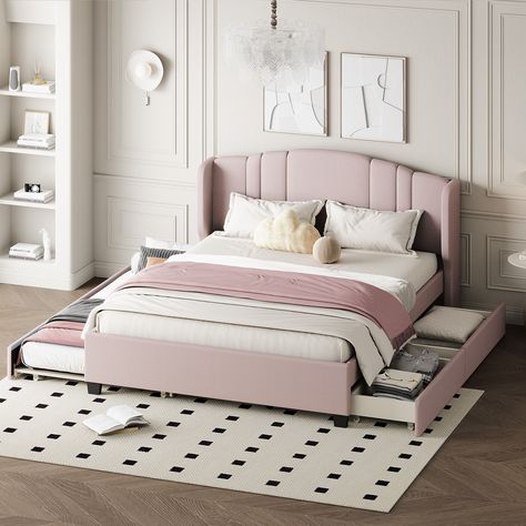 Product Details: Overall Product Dimension: 86"L X 65"W X 43"H Size: Queen Weight Capacity: 500LBS Number of Slats: 10 Product Material: Plywood+MDF+Linen Mattress not included. Pink Bed, Shaped Headboard, Twin Trundle, Bed Platform, Upholstered Daybed, Wingback Headboard, Twin Bed Frame, Wood Platform Bed, Beds & Bed Frames