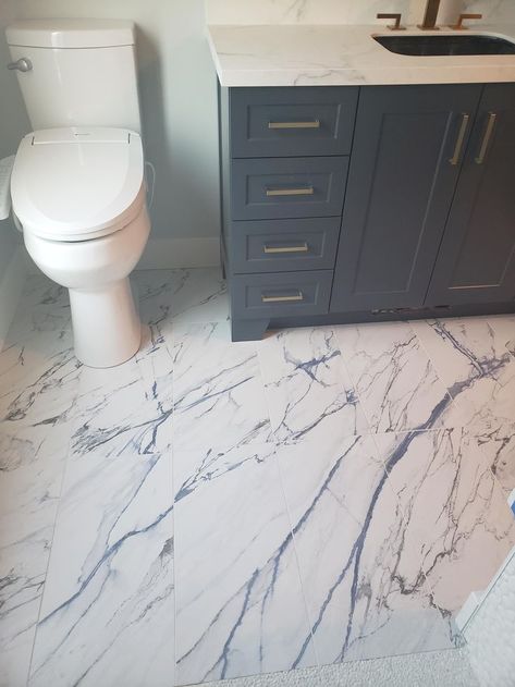 Blue Marble Tile Bathroom, Blue Floor Tile Bathroom, Blue Marble Bathroom, Blue Marble Tile, Grey Bathroom Floor, White Kitchen Renovation, Marble Shower Tile, Marble Bathroom Floor, Porcelain Tile Bathroom