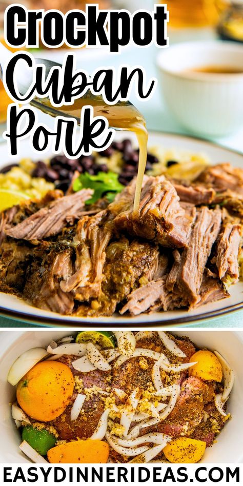 This citrus-braised crockpot mojo pork recipe with zesty garlic and tender onions is slow cooked to tender and juicy perfection. Served with fluffy rice and black beans, this cuban pork will be a new family favorite! #latincuisine #porkrecipe #crockpotdinner Crockpot Pork Recipes, Crockpot Cuban Pork, Crockpot Pork Shoulder, Easy Pork Recipe, Cuban Mojo Pork, Pork Roast Crock Pot Recipes, Rice And Black Beans, Slow Cooker Pork Loin, Crockpot Pork Loin