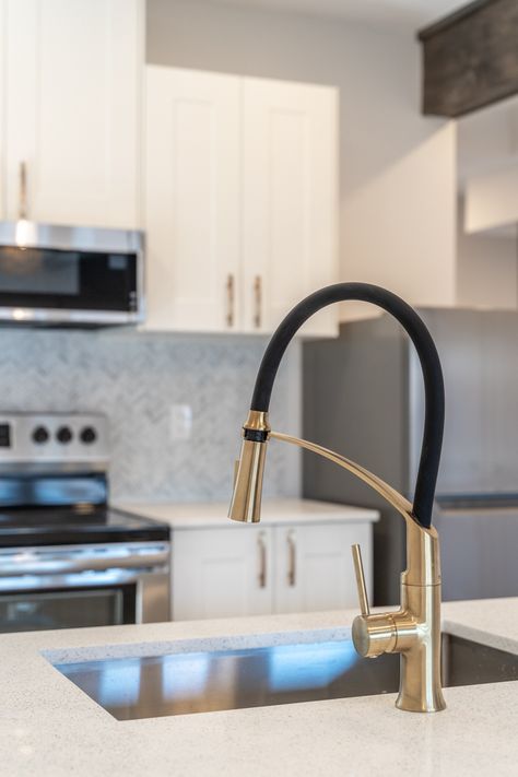 Black Kitchen Sink White Countertop Gold Faucet, Gold And Black Faucet Kitchen, Silver Sink With Gold Faucet, White Kitchen With Black And Gold, Black And White Kitchen With Gold Accents, Gold And Black Kitchen Faucet, Gold Black White Kitchen, Gold Faucet Black Hardware, Black Sink Golden Faucet Kitchen